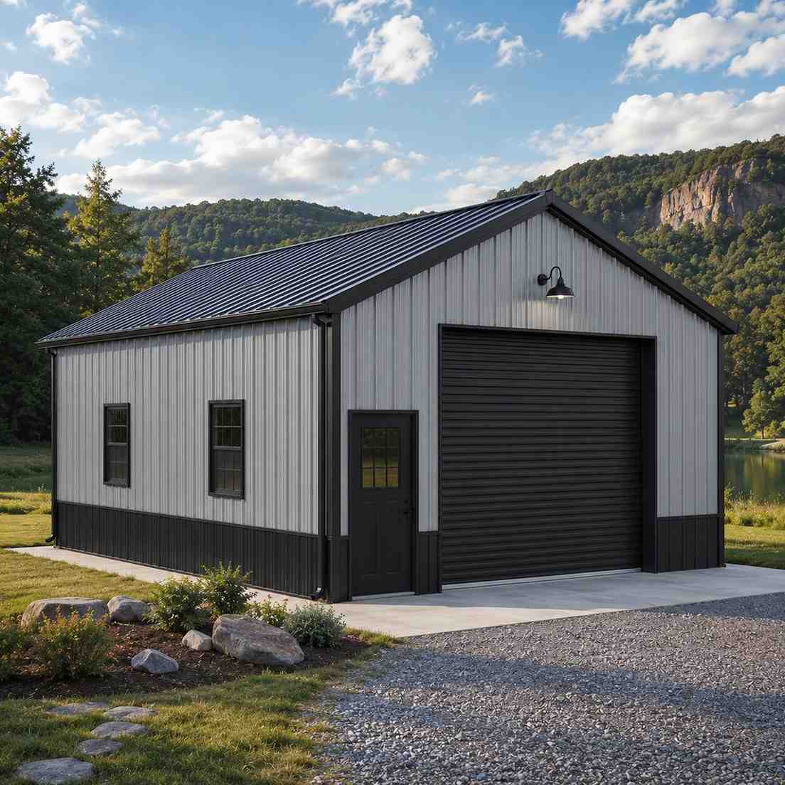Steel structure interior fitted as a contractor shop with lumber racks, workbench, and power tools