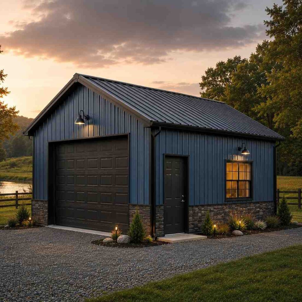 Slate blue metal garage with stone wainscot and black sectional door on a sunset farm