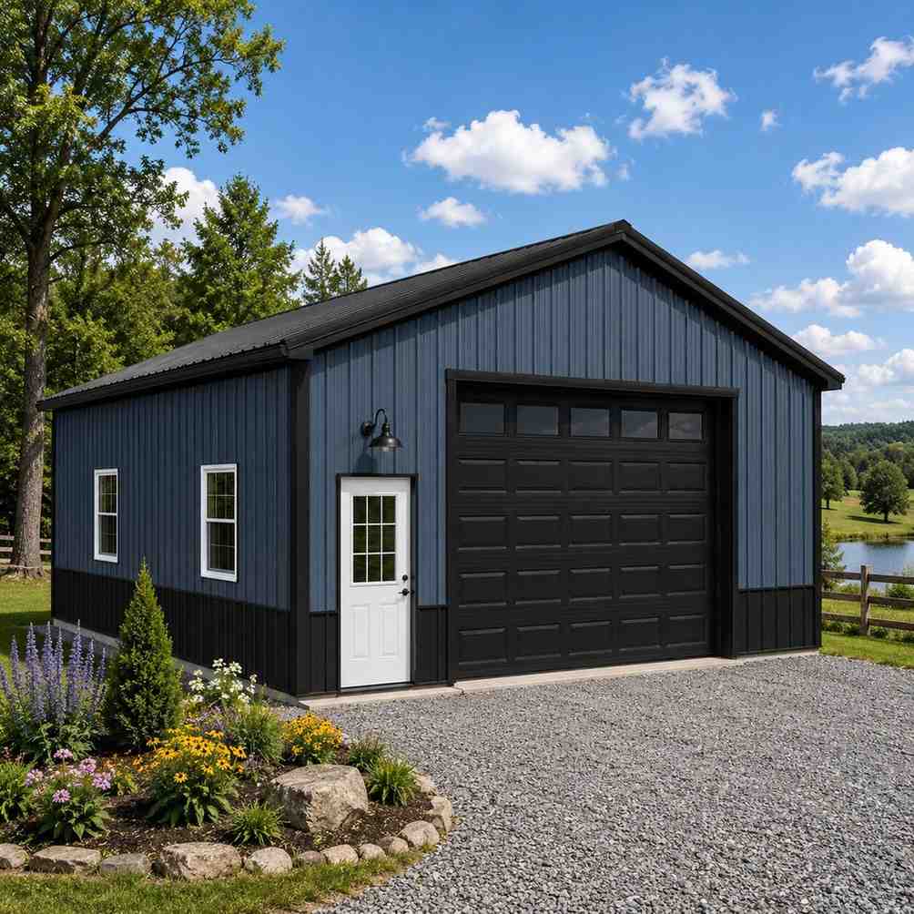 Slate blue metal garage with black windowed door beside flower beds and a country pond