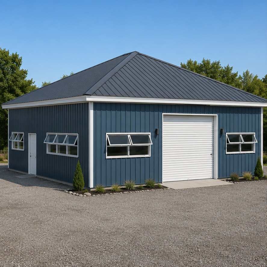 Slate blue steel building with hip roof, white roll up door, and awning windows