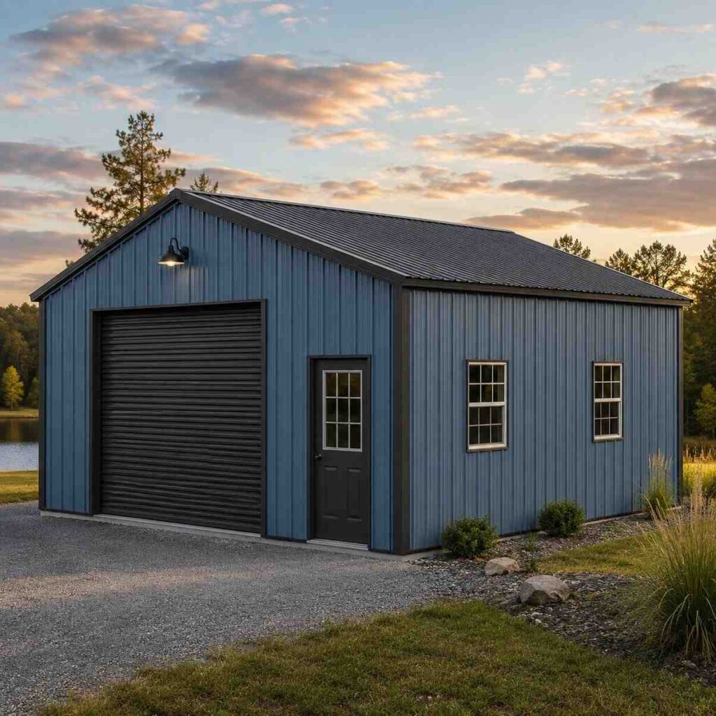 Slate blue steel garage with black roll-up door and windows under an evening lakeside sky