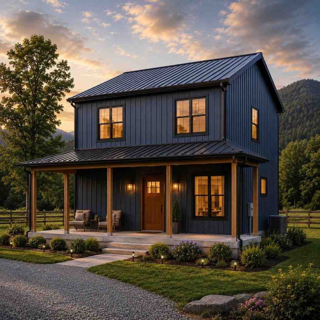 Slate gray prefab metal building styled as a two-story home with covered front porch