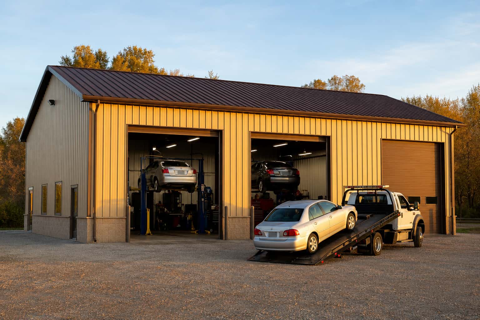 Steel & Stud 50x80 service shop — golden-hour tow truck operations