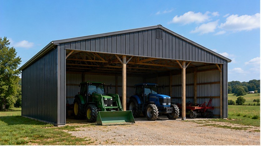 Charcoal steel barn with open equipment bays sheltering tractors, a prefab metal structure for farms