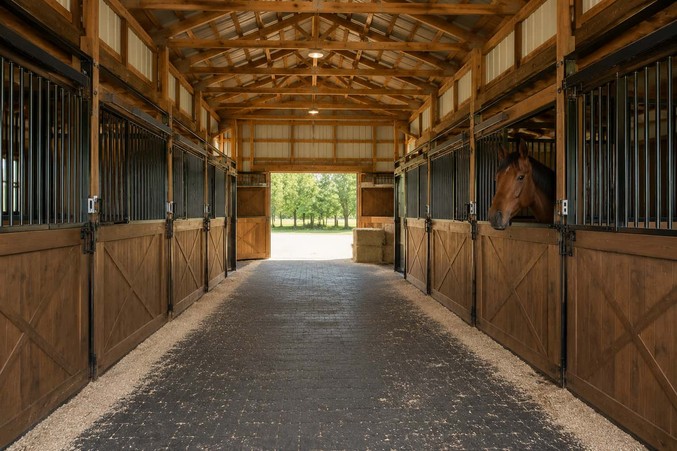 Steel barn interior aisle with wooden horse stalls, timber trusses, and a curious horse
