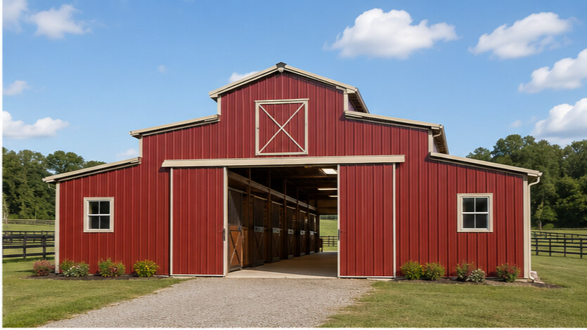 Monitor roof steel barn in red with open aisle stalls, a popular metal barn kit style