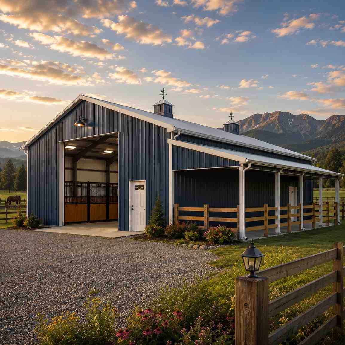 Black metal building kit woodshop with roll-up door, pickup truck, and stacked lumber outside