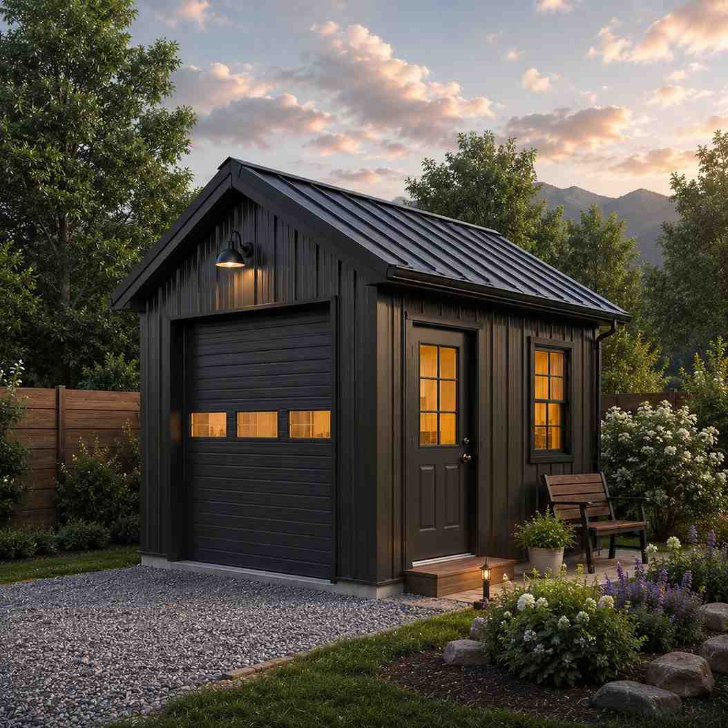 Black steel building backyard studio with lit windows, garage door and garden bench at dusk