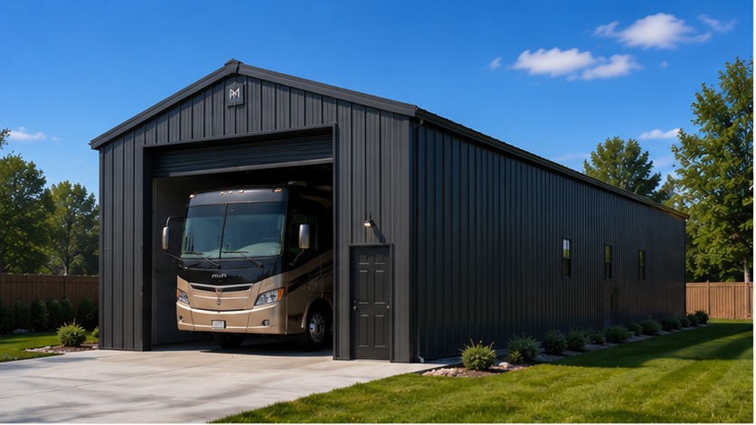 Black steel building housing a motorhome, roll-up bay open, fenced lawn under midday sky