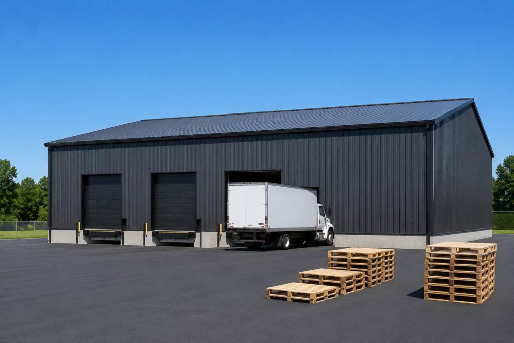 Black steel building warehouse with loading docks, box truck, and stacked pallets