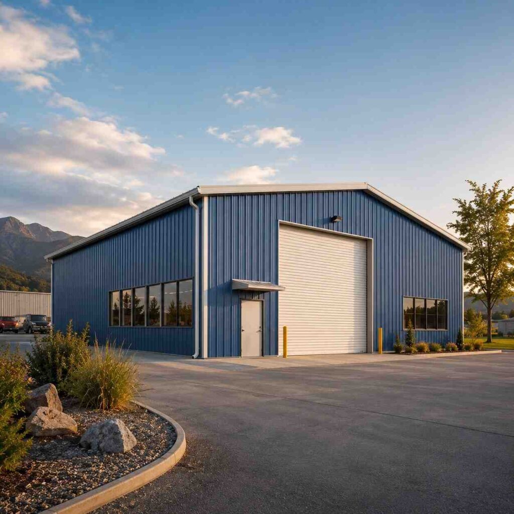 Blue steel building with white roll-up door and office windows on a paved commercial lot