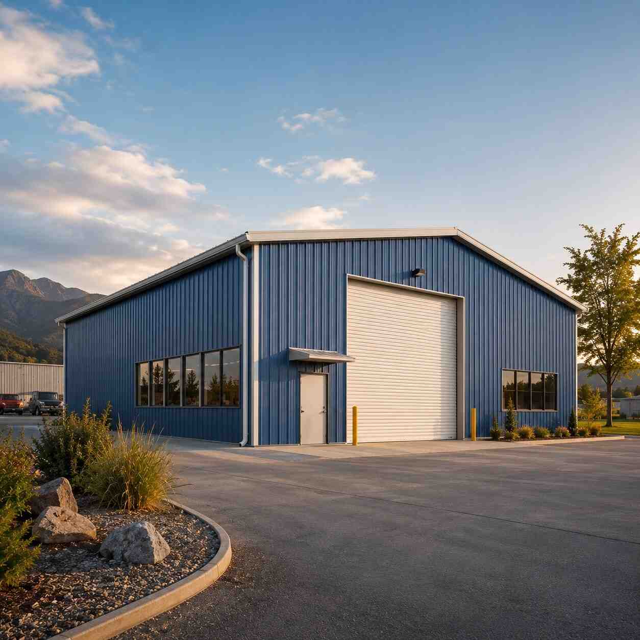 Metal building interior housing a plow truck, street sweeper, and wheel loader in marked bays