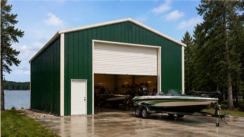 Forest green steel building with cream trim and open bay storing bass boats by water