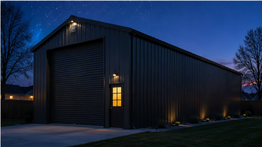 Matte black steel building at night with warmly lit entry door under a starry sky