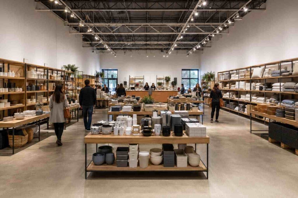Steel building retail showroom interior with wood shelving, housewares displays, and browsing shoppers