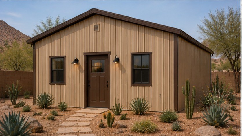 Tan steel building with dark brown trim and entry door set in desert landscaping