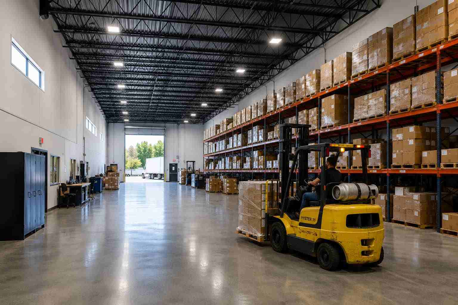 Steel building warehouse interior with forklift moving pallets beside tall metal racking