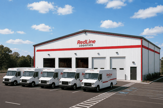 White steel building with red trim housing a logistics company and delivery van fleet