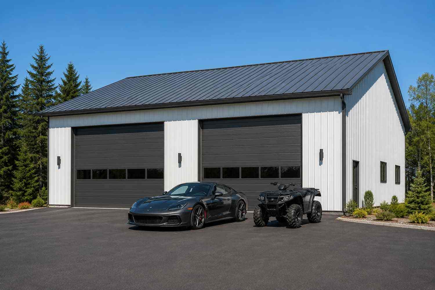 White steel building garage with two black doors, sports car, and ATV parked outside