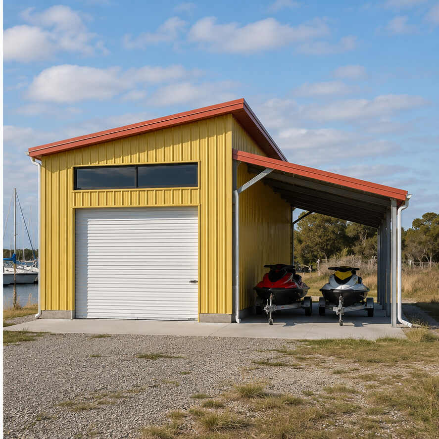 Steel carport jet ski cover attached to yellow shed roof building near marina sailboats