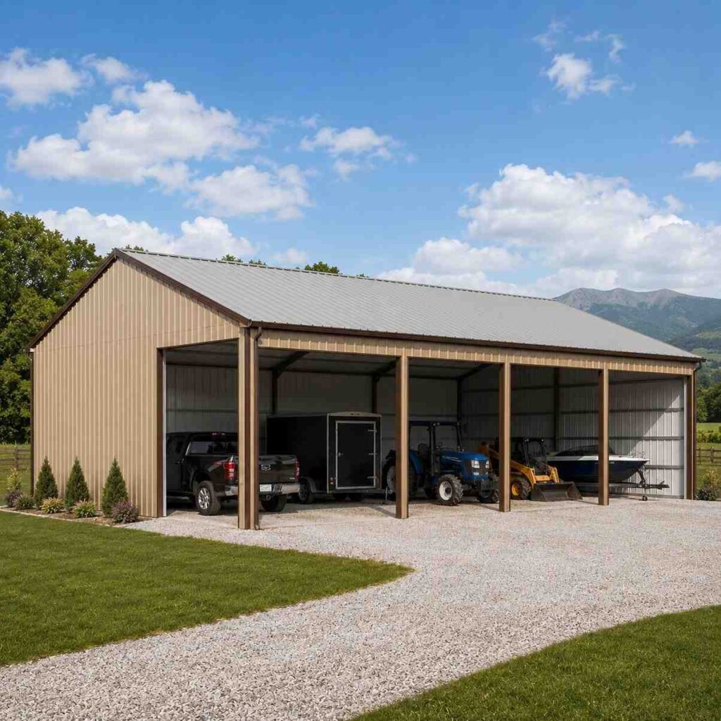 Tan steel carport with open bays sheltering trucks, tractors and farm equipment