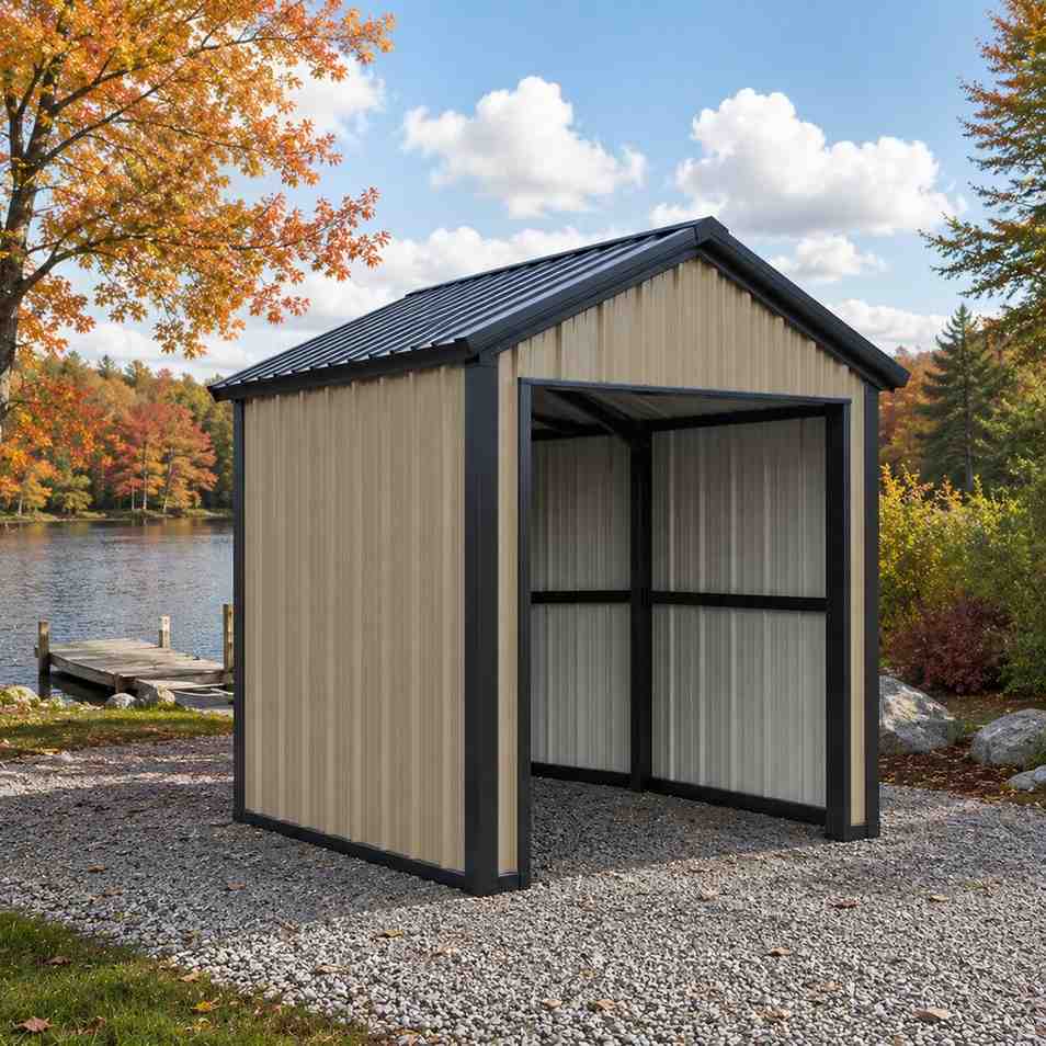 Tan steel carport shelter with fully open front near an autumn lakeside dock