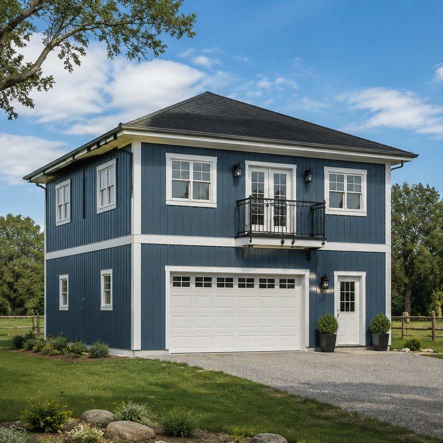 Slate blue steel garage apartment with hip roof, juliet balcony, and white garage door
