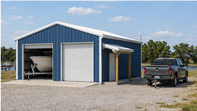 Two bay steel garage in blue with boat inside, covered porch entry, and pickup truck
