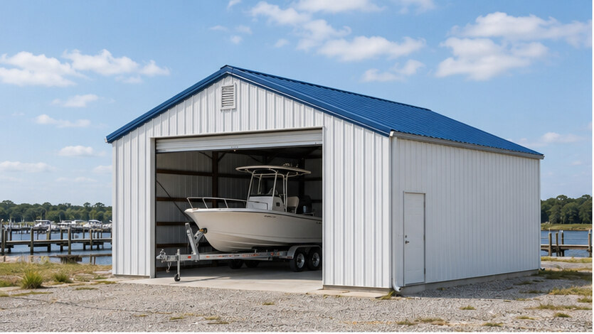 Waterfront steel garage in white with blue roof housing a trailered boat near marina docks