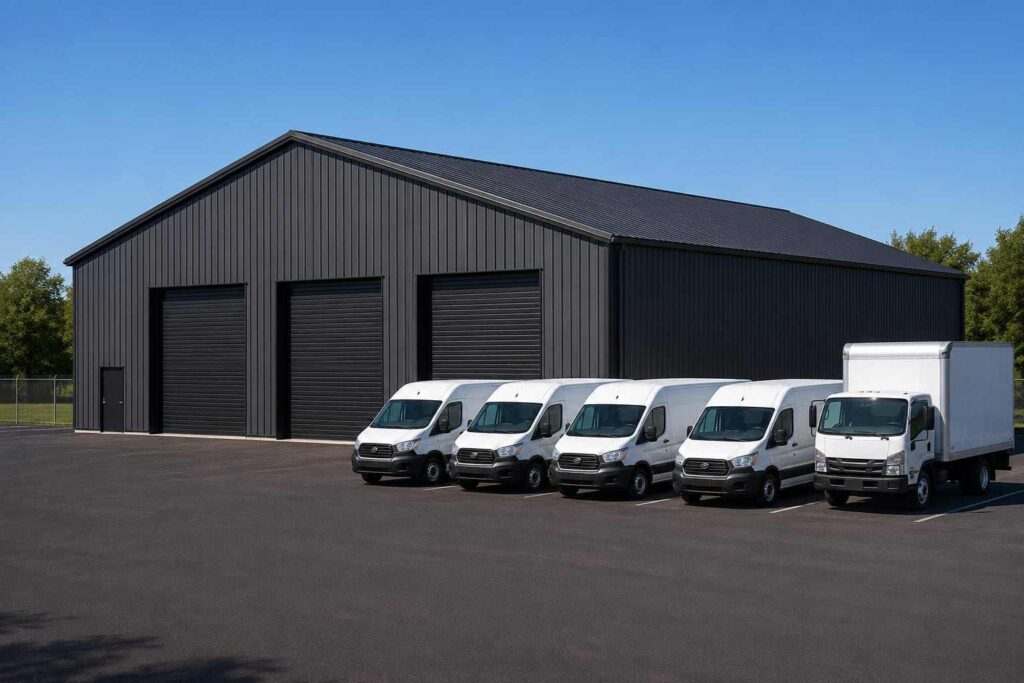 Charcoal steel garage with three roll-up doors and a fleet of white cargo vans parked outside