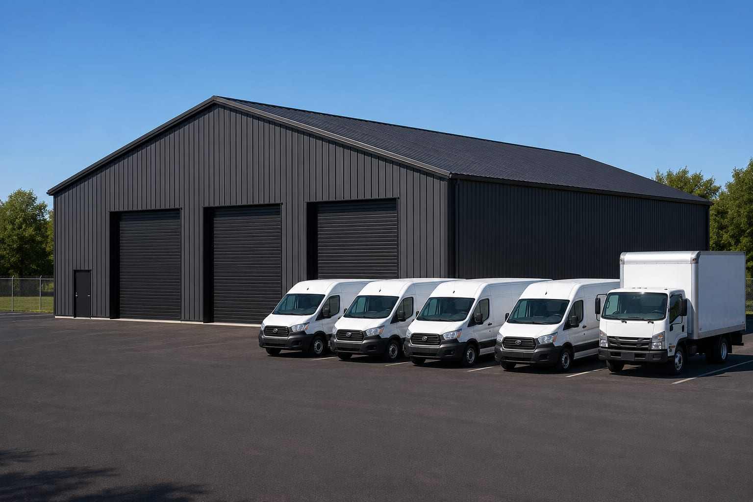Charcoal steel garage with three roll-up doors and a fleet of white cargo vans parked outside