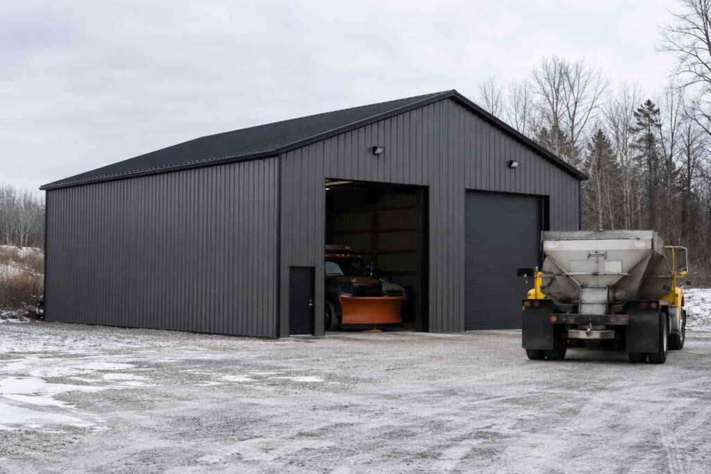 Charcoal steel garage in winter with a snowplow truck inside and salt spreader truck outside