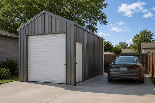 Gray steel garage with white roll-up door and sedan parked in suburban driveway