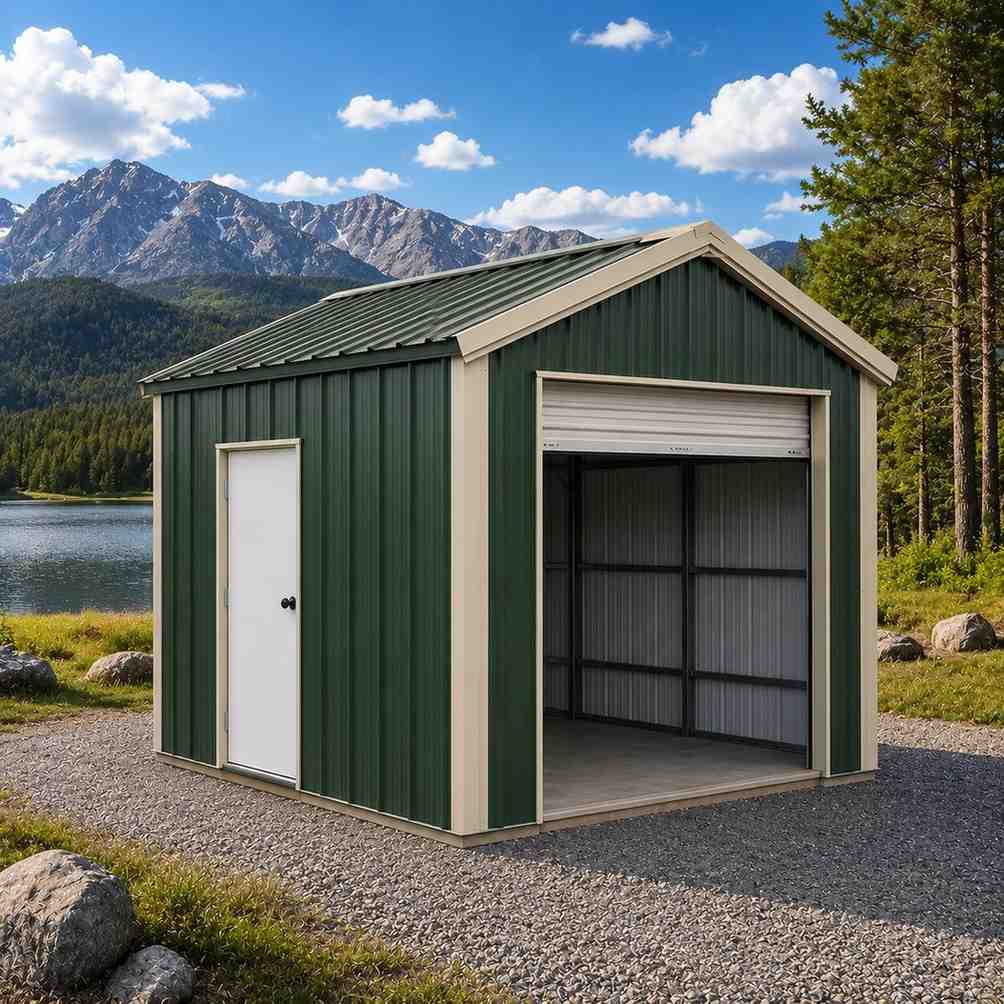 Green steel garage with open white roll-up door beside a mountain lake