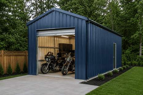 Navy blue steel garage with roll-up door open showing two motorcycles stored inside