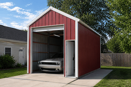Red steel garage with open bay sheltering a silver muscle car beside the house