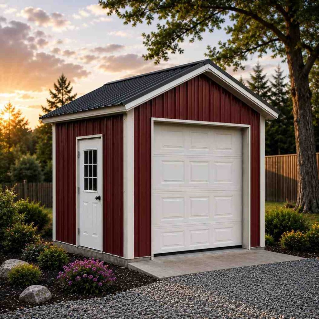Dark red steel garage with white paneled garage door and walk door at sunset