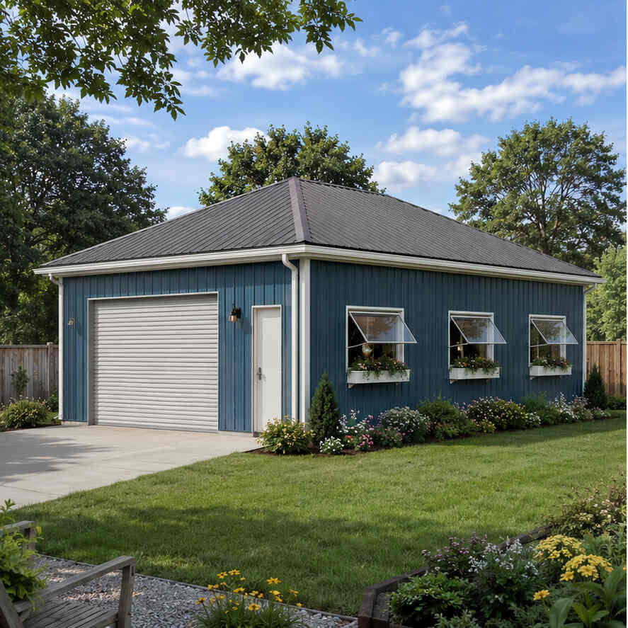 Slate blue steel garage with hip roof, flower box awning windows and landscaped garden