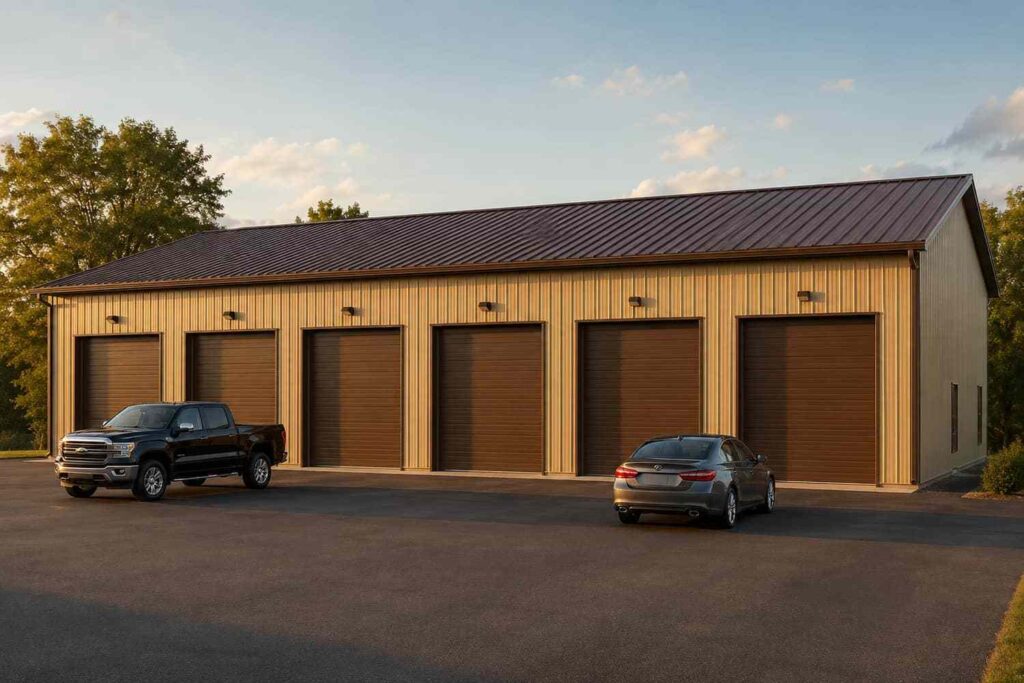 Tan steel garage with six brown roll-up doors, pickup truck, and sedan at dusk