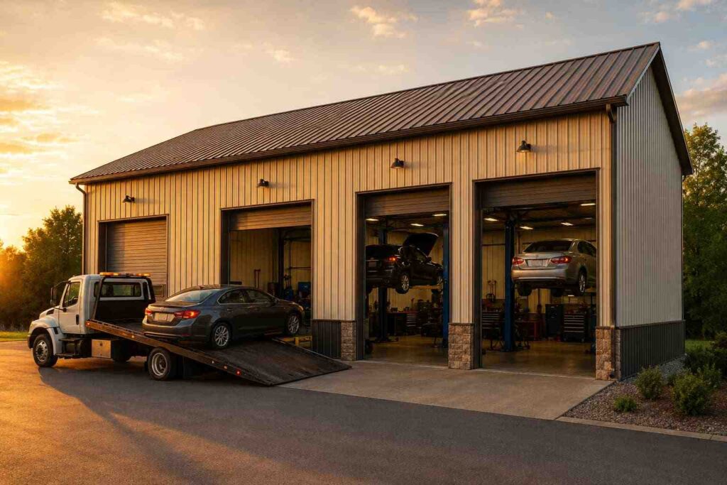 Tan steel garage at sunset with a tow truck unloading a sedan outside service bays