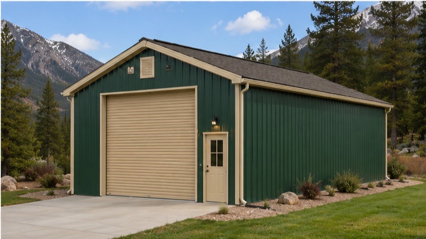 Forest green steel structure with tan roll-up door and entry door below snow capped peaks
