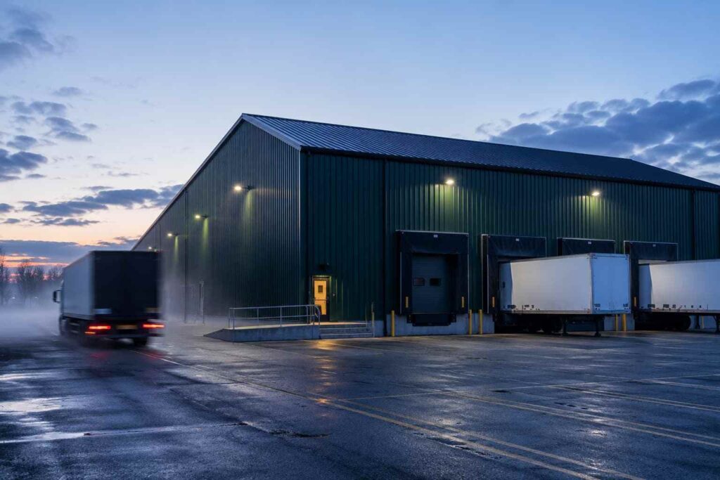 Forest green steel structure warehouse at dawn with dock doors, semi trailers, and wet pavement