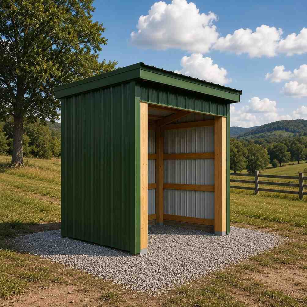 Green steel structure run-in shelter with wood posts on a fenced grassy pasture