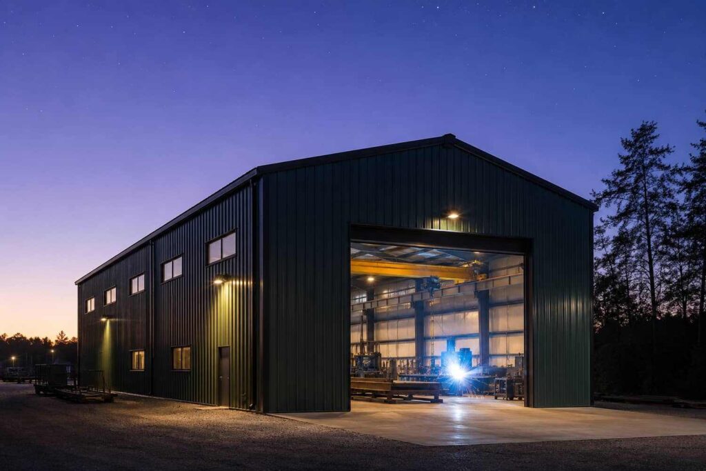 Dark green steel structure workshop at twilight with welding glow through open bay