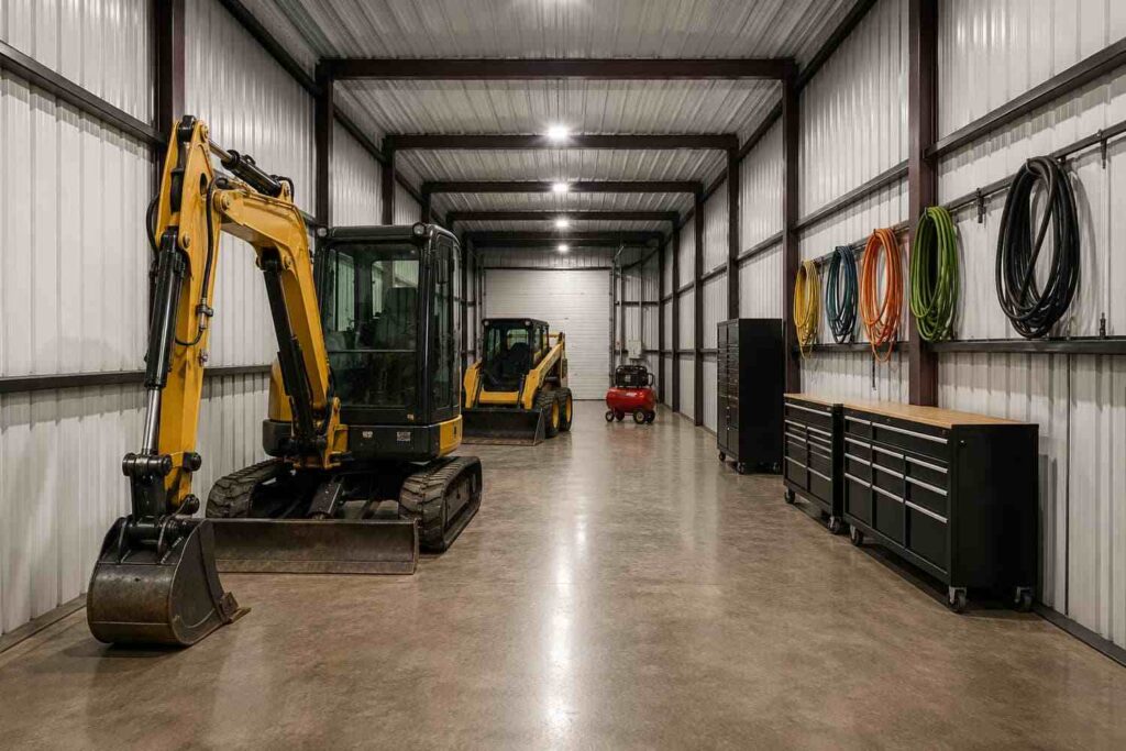 Steel structure interior storing a mini excavator and skid steer with hose racks and tool chests