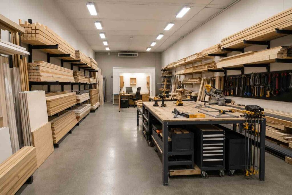 Steel structure interior fitted as a contractor shop with lumber racks, workbench, and power tools