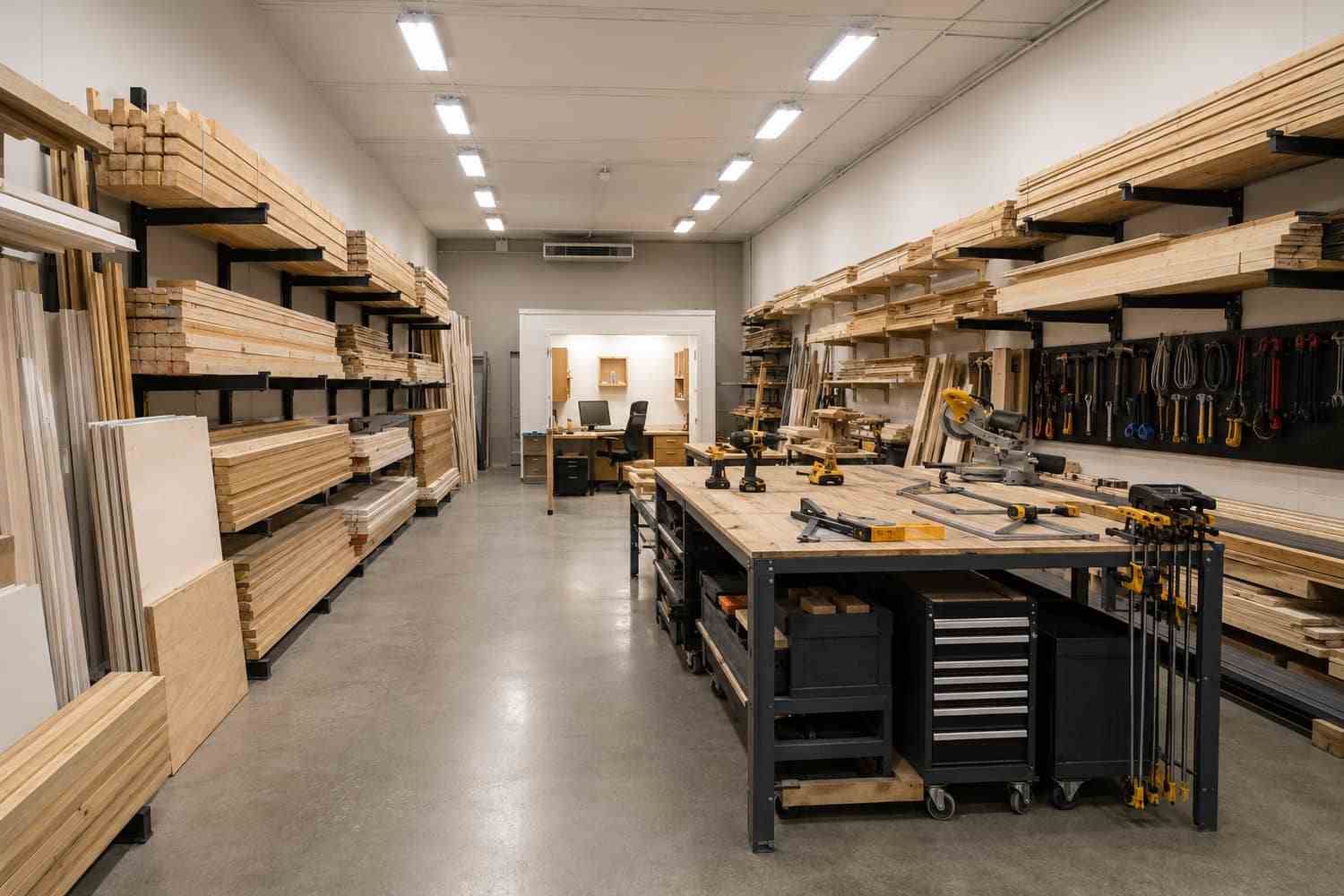 Steel structure interior fitted as a contractor shop with lumber racks, workbench, and power tools