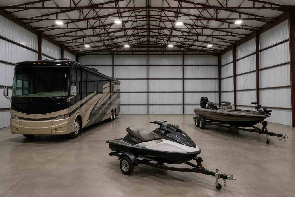 Steel structure interior storing a motorhome, jet ski, and bass boat on clean concrete