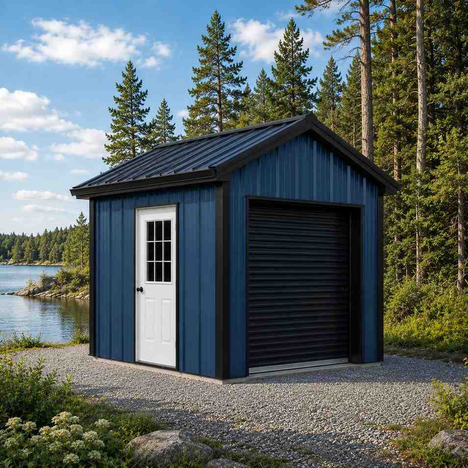 Green commercial metal building storage units at night with soffit lighting over doors