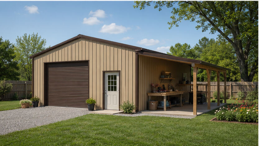 Tan steel structure with brown roll-up door and covered lean-to work porch beside a lawn